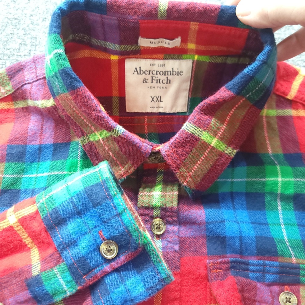 Abercrombie & Fitch Muscle Fit Flannel Shirt XXL Rainbow Plaid Multi Cotton